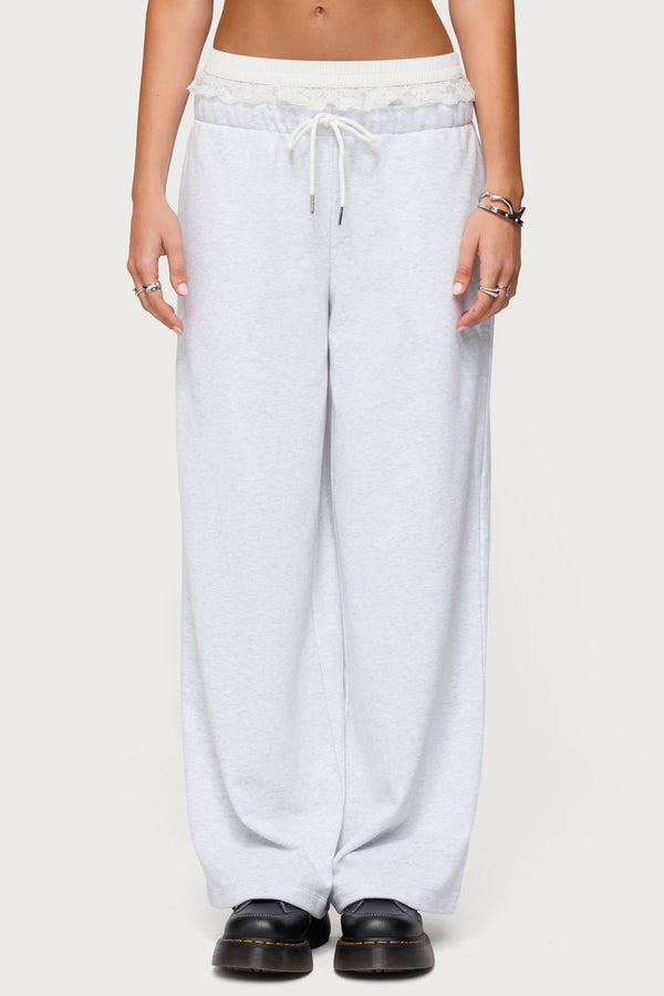 Edikted Tamia Peekaboo Ruffle Lace Sweatpants Light Grey Melange