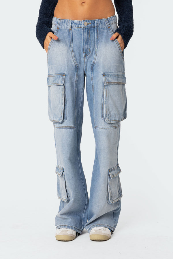 Edikted Tara Low Rise Denim Cargo Jeans Blue Washed