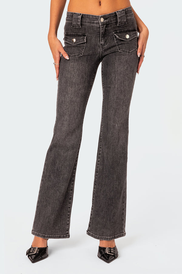 Edikted Tatum Washed Low Rise Flare Jeans Dark Gray