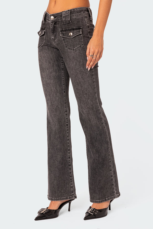 Edikted Tatum Washed Low Rise Flare Jeans Dark Gray