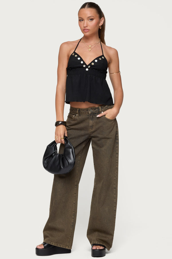 Edikted Textured Iridescent Babydoll Halter Top Black