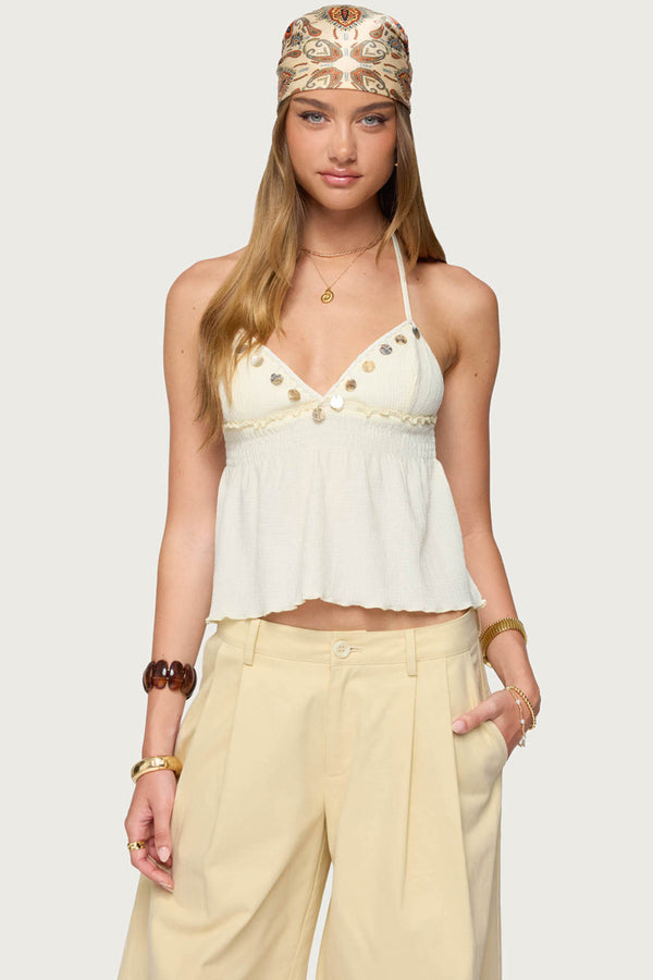 edikted Textured Iridescent Babydoll Halter Top cream