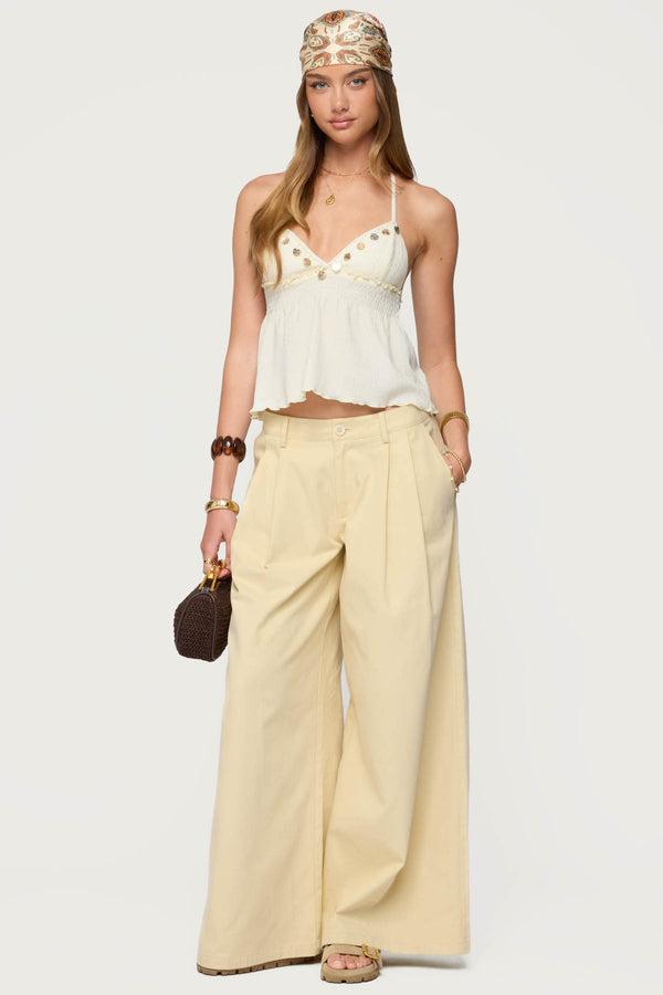 Edikted Textured Iridescent Babydoll Halter Top Cream