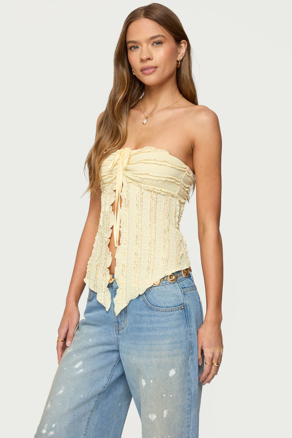 Edikted Textured Ruffle Split Front Strapless Top Yellow