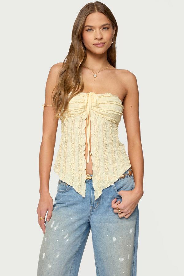 edikted Textured Ruffle Split Front Strapless Top yellow