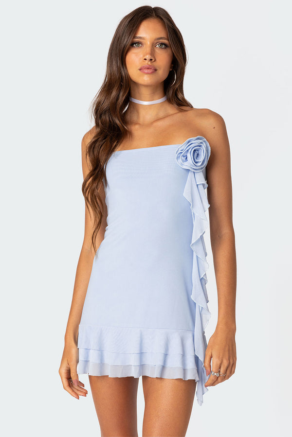 edikted Thalia Flower Pin Ruffle Mini Dress light blue