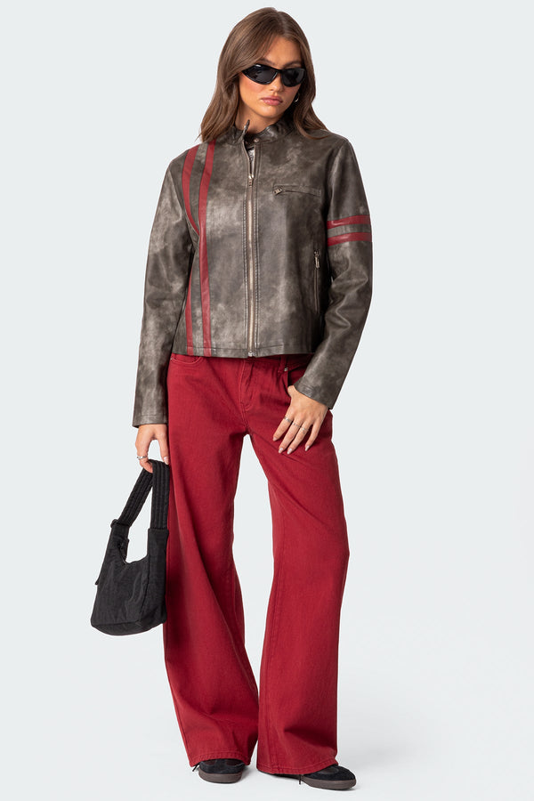 Edikted Thunder Washed Faux Leather Jacket Gray Washed