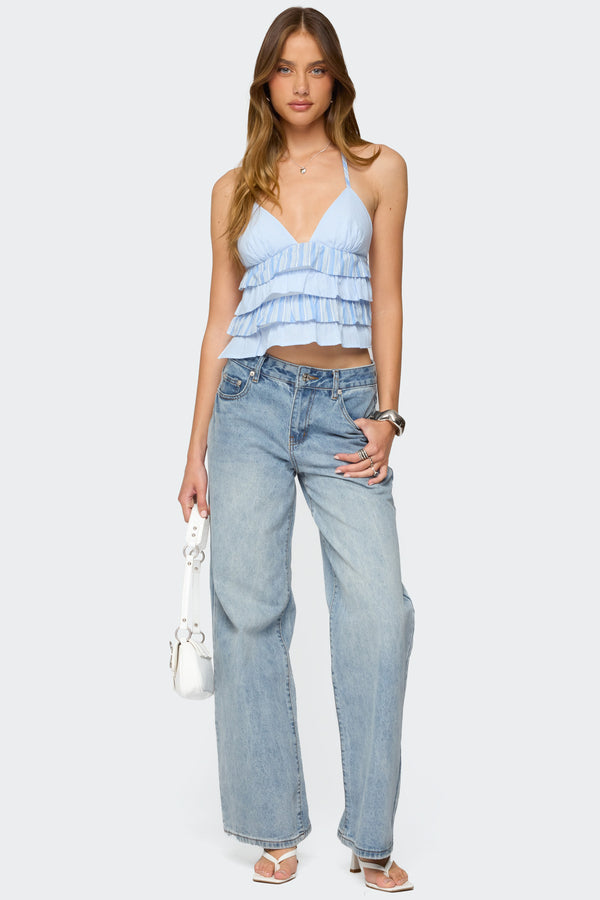 Edikted Tiered Ruffle Backless Striped Halter Top Blue And White