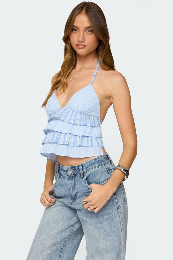 Edikted Tiered Ruffle Backless Striped Halter Top Blue And White
