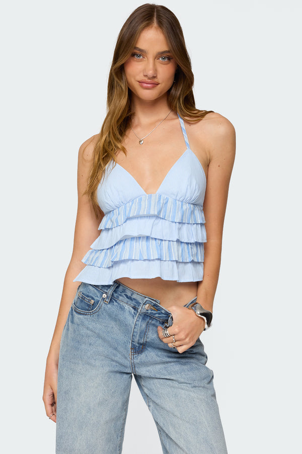 edikted Tiered Ruffle Backless Striped Halter Top blue and white