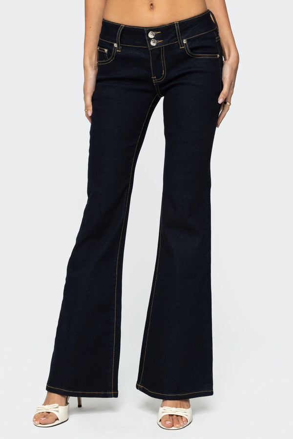 Edikted Tilda Low Rise Flared Jeans Indigo Blue Raw Washed