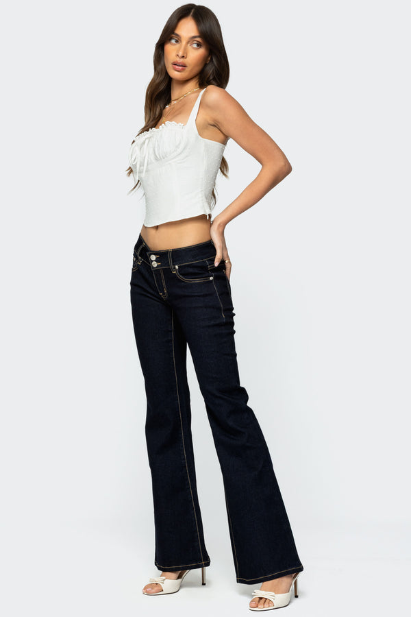 Edikted Tilda Low Rise Flared Jeans Indigo Blue Raw Washed