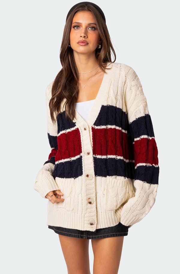 Edikted Tinsley Oversized Cable Knit Cardigan Cream