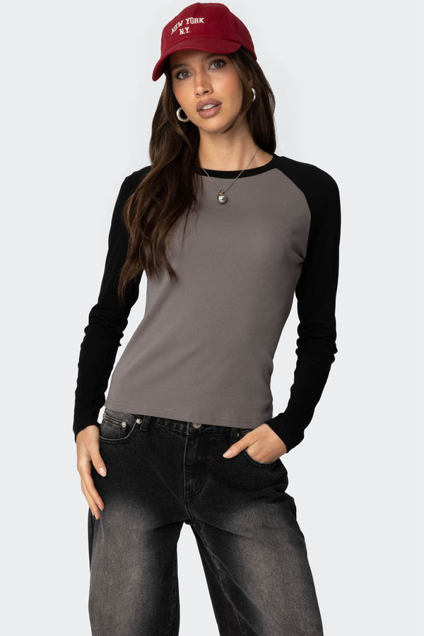 edikted Tommi Raglan Long Sleeve T Shirt gray and black