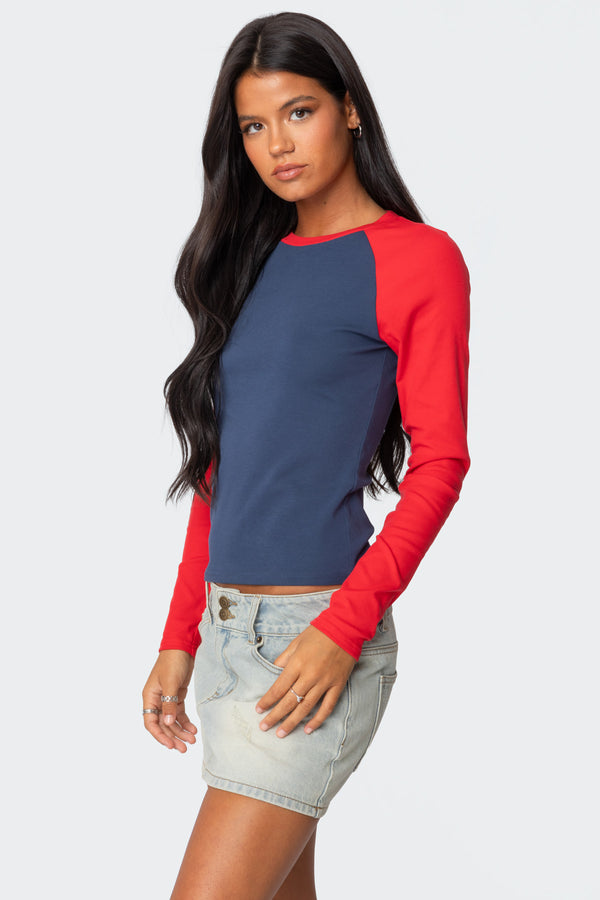 Edikted Tommi Raglan Long Sleeve T Shirt Navy And Red
