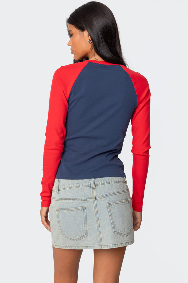 Edikted Tommi Raglan Long Sleeve T Shirt Navy And Red