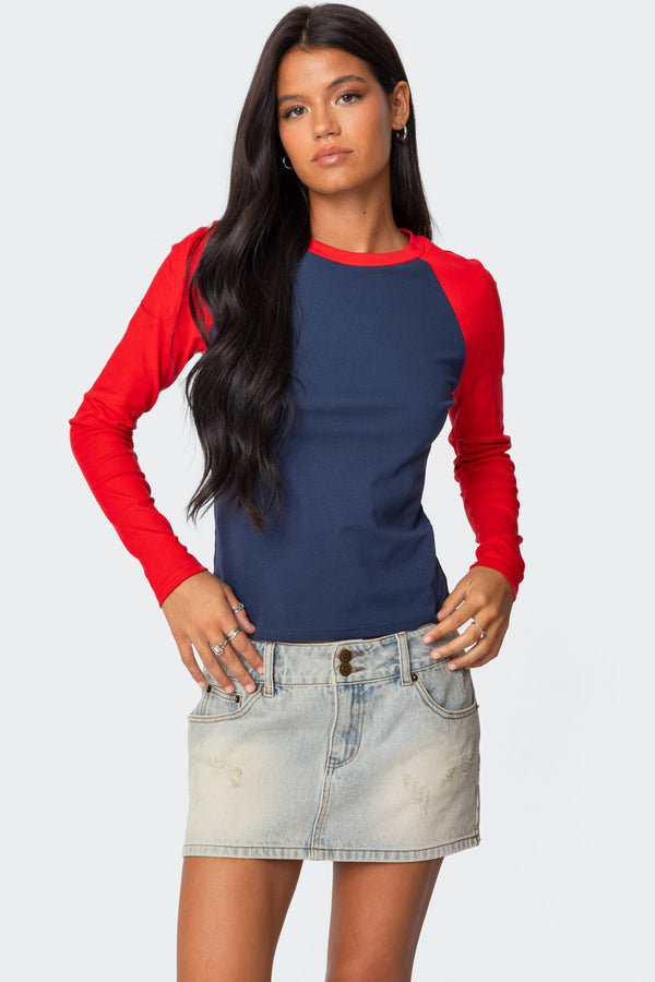 edikted Tommi Raglan Long Sleeve T Shirt navy and red