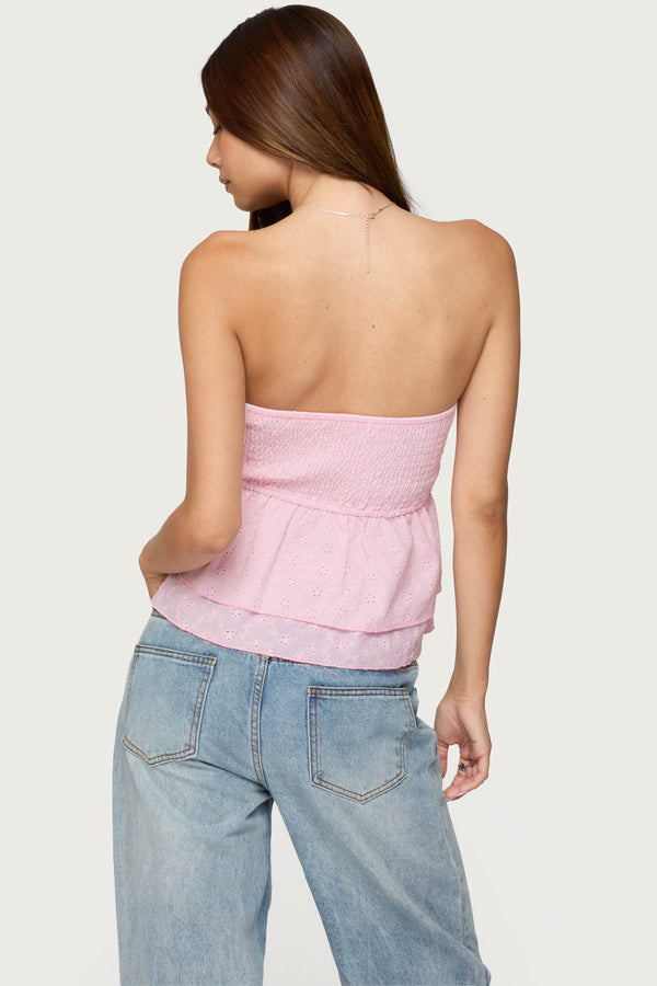 Edikted Toria Ruffled Eyelet Strapless Top Light Pink