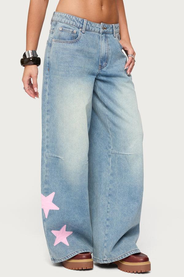 Edikted Trish Satin Effect Stars Low Rise Jeans Light Blue