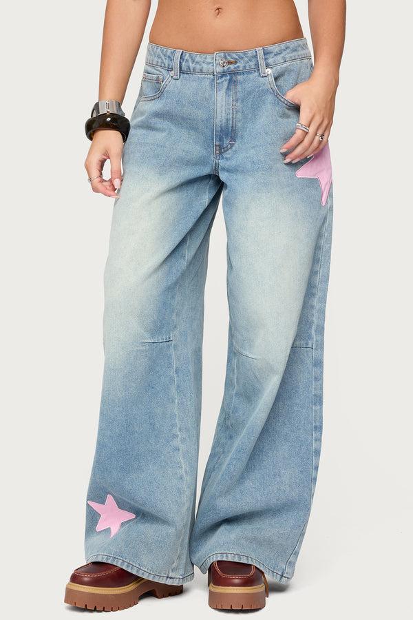 Edikted Trish Satin Effect Stars Low Rise Jeans Light Blue