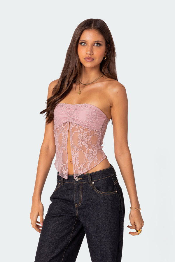 Edikted Twilight Sheer Lace Split Front Top Light Pink