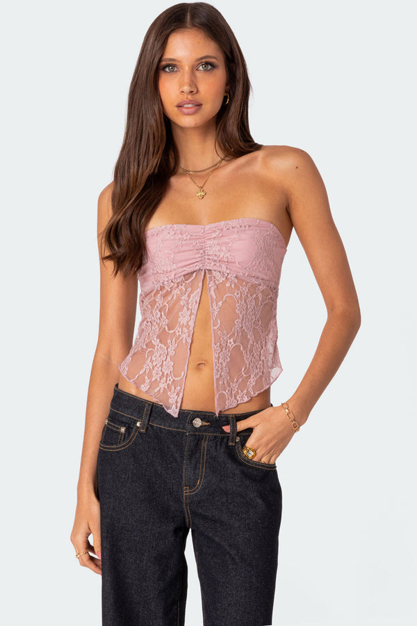 edikted Twilight Sheer Lace Split Front Top light pink