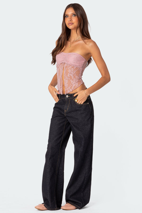 Edikted Twilight Sheer Lace Split Front Top Light Pink