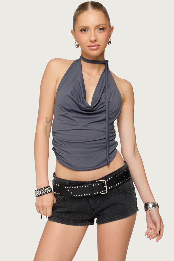 edikted Two Piece Cowl Neck Scarf Halter Top dark gray