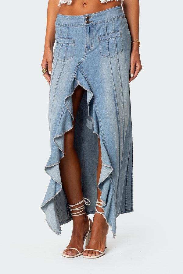 Edikted Valencia Ruffle Slitted Denim Maxi Skirt Blue