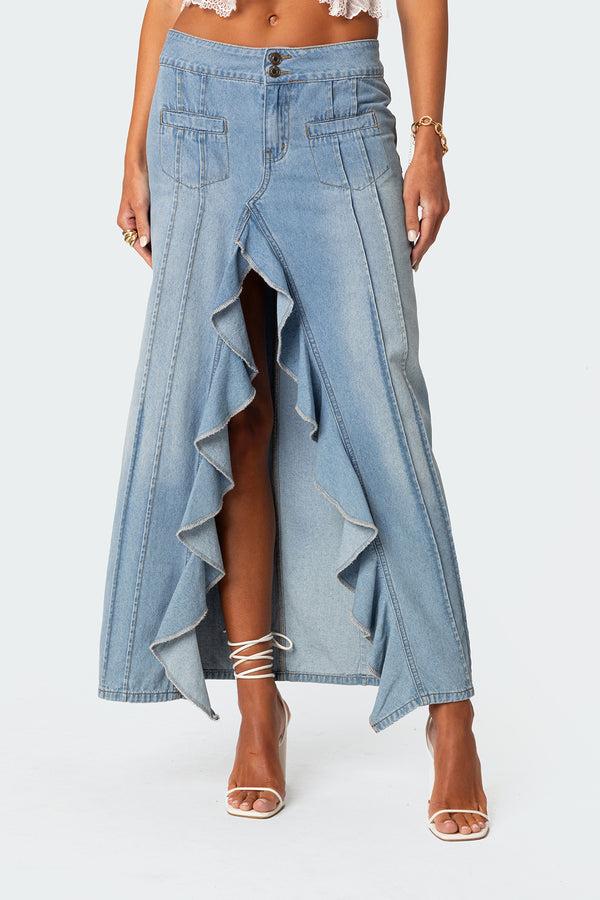 Edikted Valencia Ruffle Slitted Denim Maxi Skirt Blue