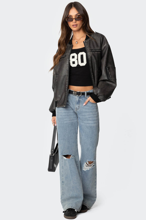 edikted Vava Washed Faux Leather Bomber Jacket gray washed