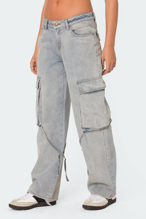 Edikted Via Low Rise Washed Denim Cargo Pants Blue Washed