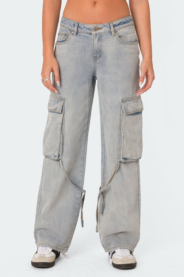 Edikted Via Low Rise Washed Denim Cargo Pants Blue Washed