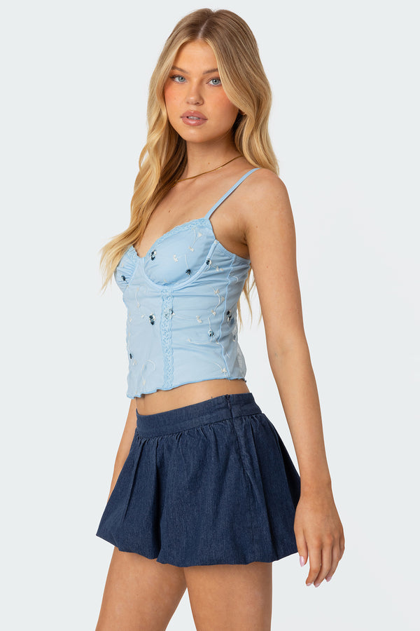 Edikted Victoria Embroidered Mesh Bra Top Light Blue