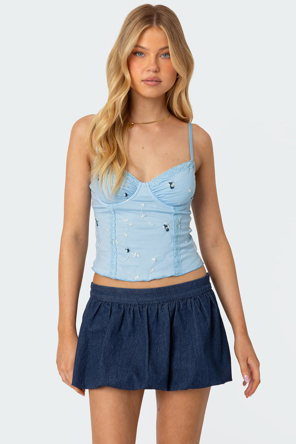 edikted Victoria Embroidered Mesh Bra Top light blue