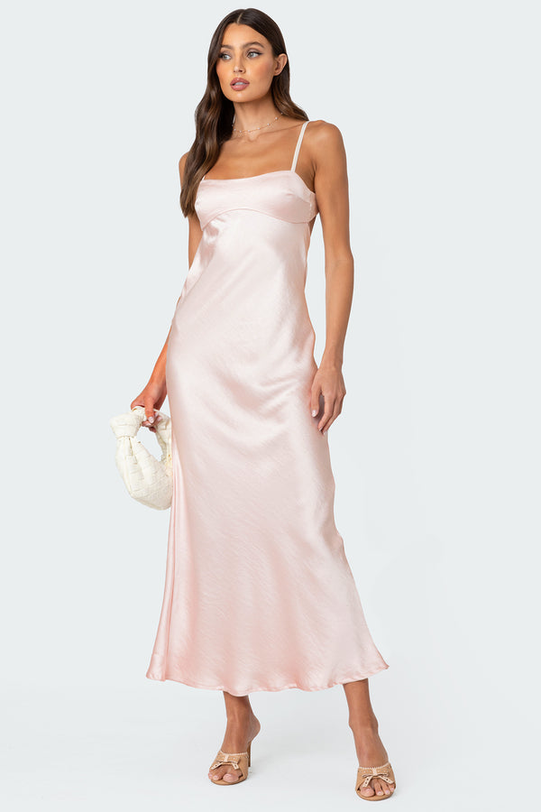 Edikted Vienna Open Back Satin Effect Maxi Dress Light Pink