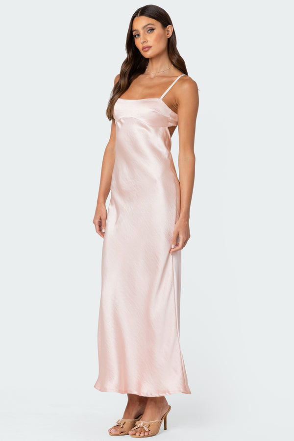 Edikted Vienna Open Back Satin Effect Maxi Dress Light Pink