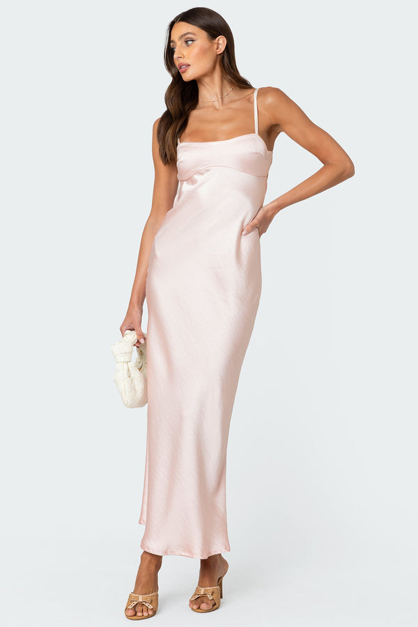 Edikted Vienna Open Back Satin Effect Maxi Dress Light Pink