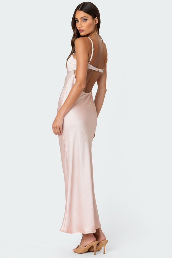 Edikted Vienna Open Back Satin Effect Maxi Dress Light Pink