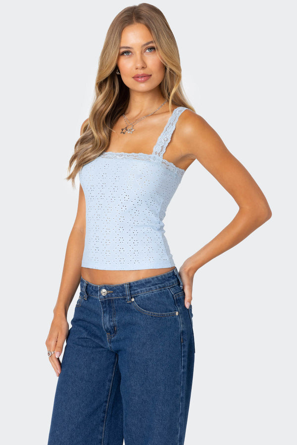 Edikted Virginia Lace Trim Eyelet Tank Top Light Blue