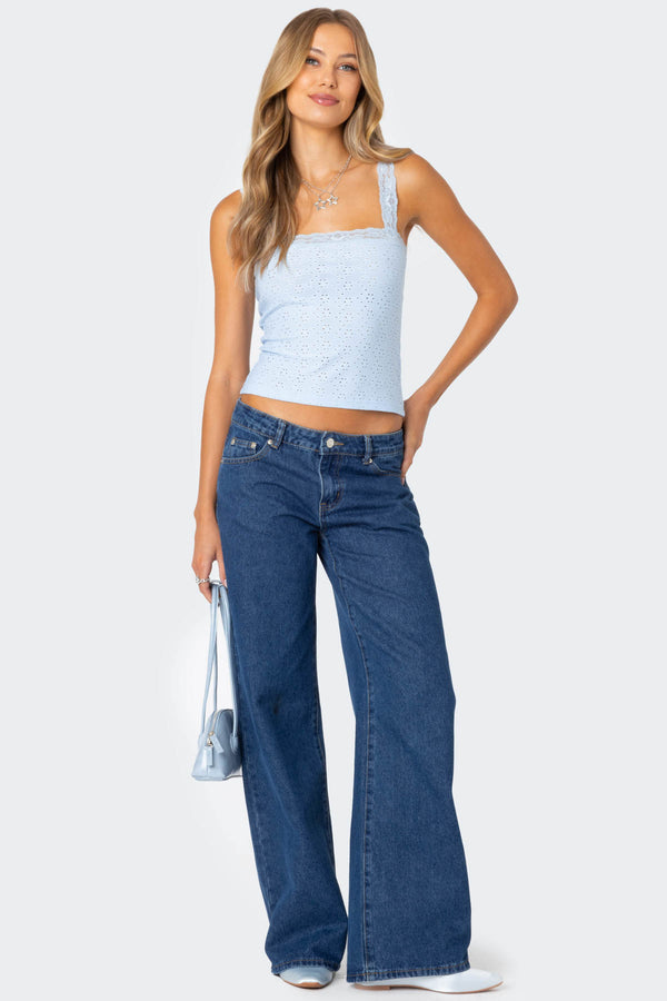 Edikted Virginia Lace Trim Eyelet Tank Top Light Blue