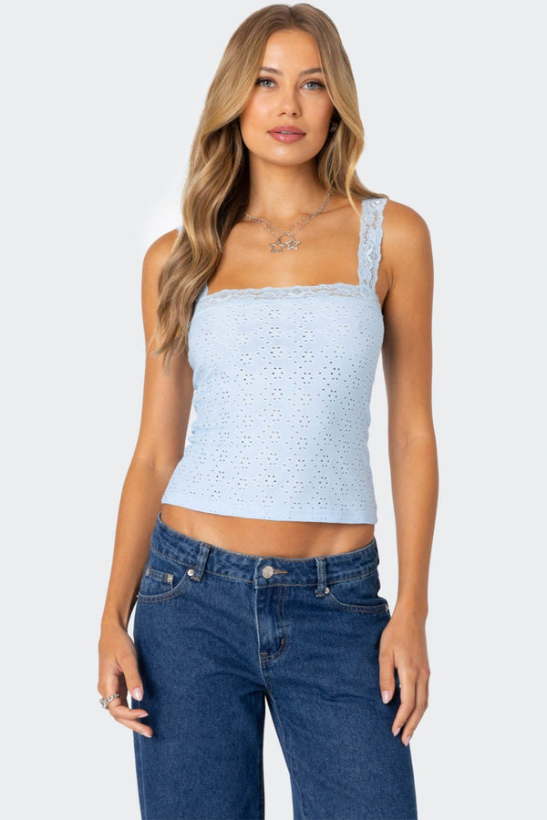 edikted Virginia Lace Trim Eyelet Tank Top light blue