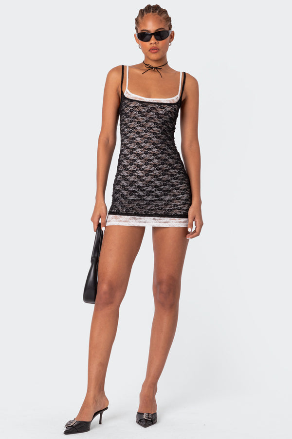 edikted Vivian Layered Lace Mini Dress black and white