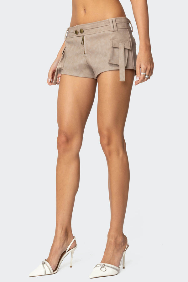 Edikted Washed Faux Leather Micro Cargo Shorts Beige