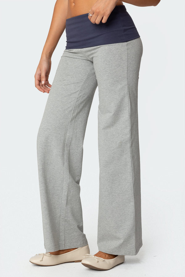 Edikted Wide Leg Contrast Fold Over Pants Gray Melange