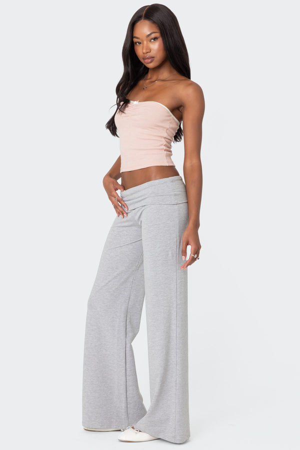 Edikted Wide Leg Fold Over Pants Light Gray Melange