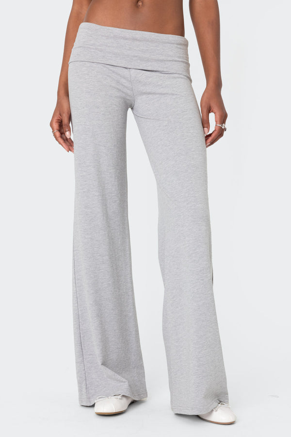 Edikted Wide Leg Fold Over Pants Light Gray Melange