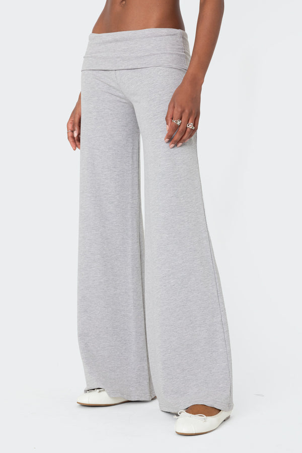 Edikted Wide Leg Fold Over Pants Light Gray Melange