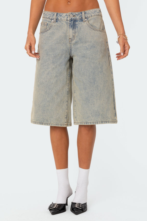 Edikted Xtra Long Acid Wash Denim Bermuda Shorts Blue