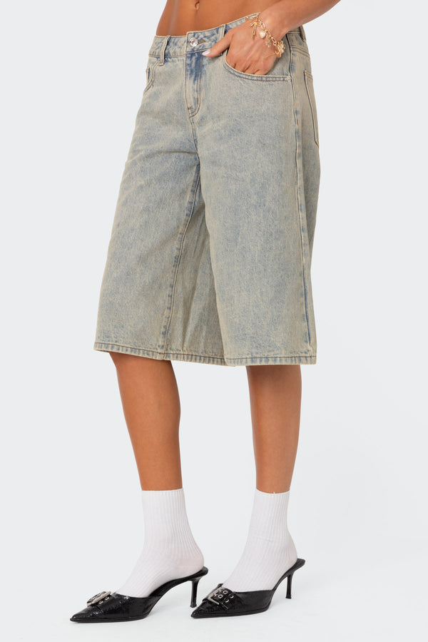 Edikted Xtra Long Acid Wash Denim Bermuda Shorts Blue